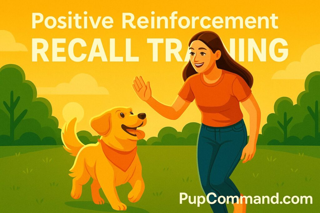 A vibrant 3D CGI-style illustration of a smiling woman recalling her happy golden retriever using positive reinforcement in a sunlit park. The woman is wearing casual clothes and the dog is running joyfully toward her.