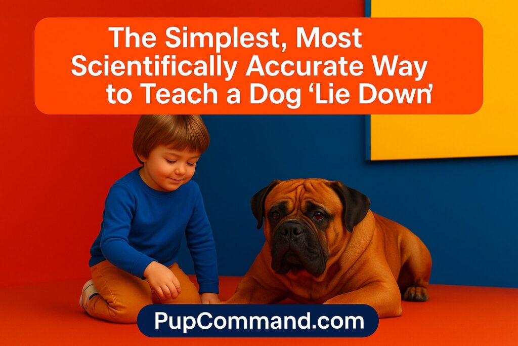 A young boy teaches a Bullmastiff to lie down using positive reinforcement, set against a bold red, blue, and yellow background – how to teach a dog to lie down- PupCommand.com