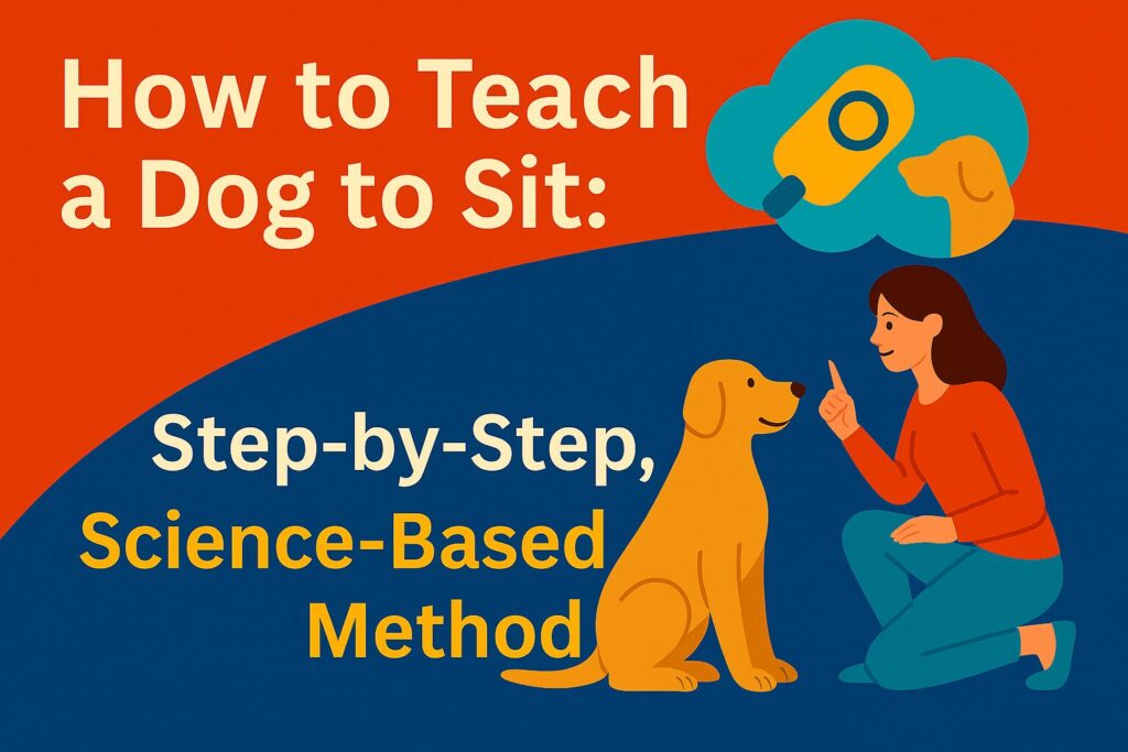 Flat-style header image showing a happy dog sitting calmly beside a treat, with the title "How to Teach a Dog to Sit" in bold text. The visual emphasizes positive reinforcement and clear communication.