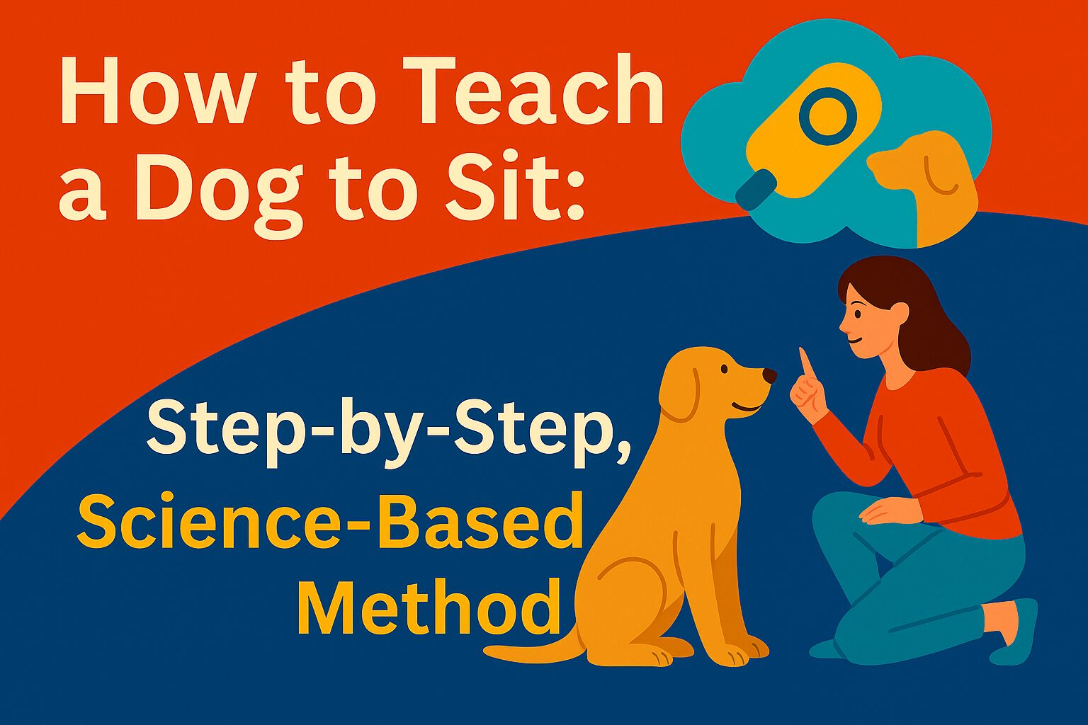 Flat-style header image showing a happy dog sitting calmly beside a treat, with the title "How to Teach a Dog to Sit" in bold text. The visual emphasizes positive reinforcement and clear communication.
