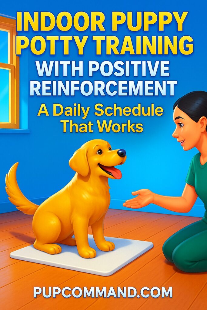 Colorful 3D-style illustration of a happy puppy being potty trained indoors with positive reinforcement, guided by a smiling woman. Includes bold headline text and PupCommand.com branding.