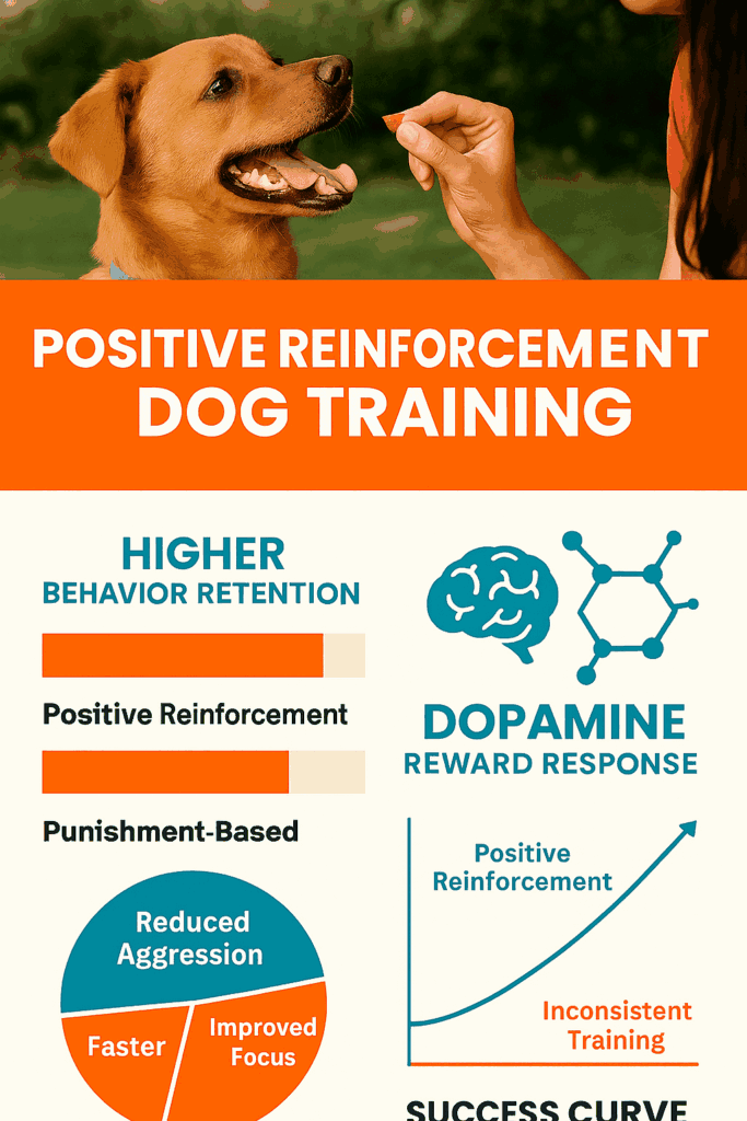 Infographic illustrating the science of positive reinforcement in dog training, highlighting dopamine release, confidence building, and trust development between dogs and their owners.