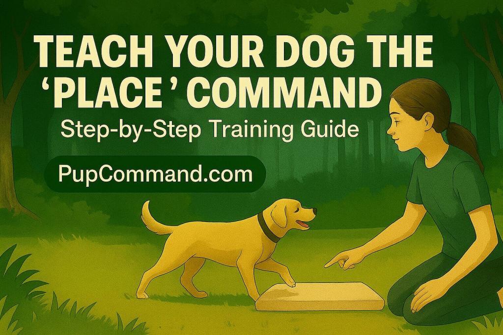 Illustrated how to teach the place command with a woman calmly training her dog using positive reinforcement with forest backdrop and bold text: "Stop Yelling. Start Training."