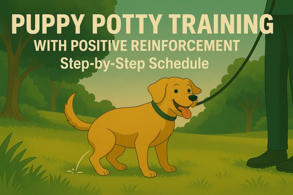 Illustration of a happy puppy urinating on grass outdoors during potty training, with headline text “Puppy Potty Training With Positive Reinforcement – A Step-by-Step Guide