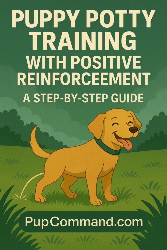 Pinterest pin featuring a happy puppy outdoors in a grassy area, promoting a daily step-by-step potty training guide using positive reinforcement methods.