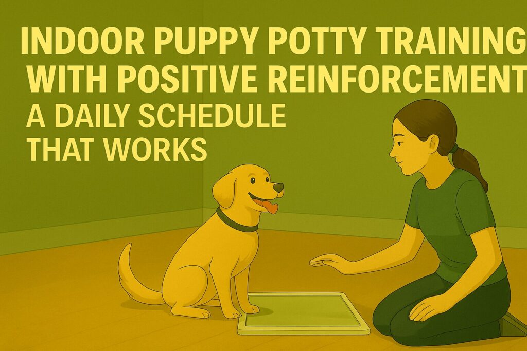 Digital illustration showing a puppy being positively reinforced during indoor potty training, designed for the article “Indoor Puppy Potty Training With Positive Reinforcement Schedule.