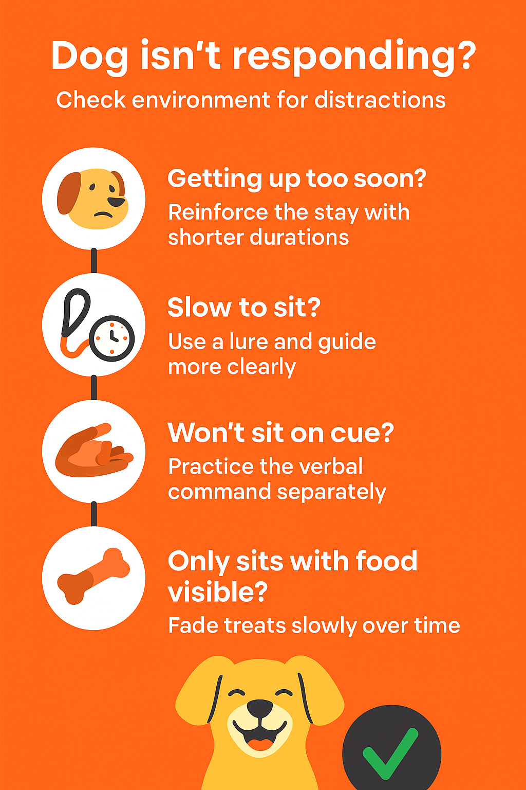 Troubleshooting checklist for when your dog won't sit during training, featuring positive reinforcement techniques in bright orange design.