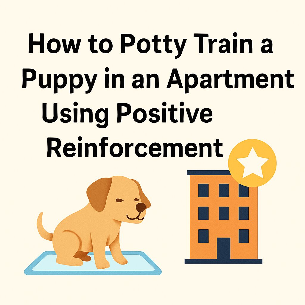 Header image showing how to potty train a puppy in an apartment using positive reinforcement with a cute puppy on a pad and apartment building.
