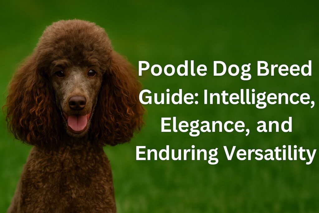 Standard Poodle standing in grass — representing elegance, intelligence, and hypoallergenic traits of the Poodle dog breed.