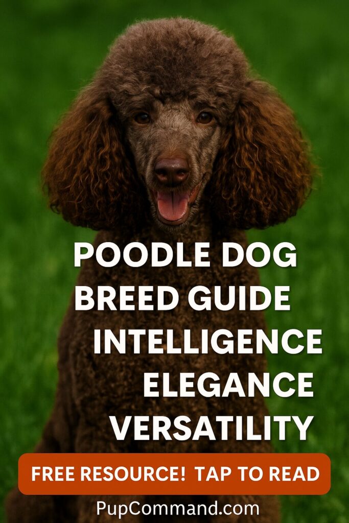 "A curly-coated Standard Poodle sitting on grass with text overlay: Poodle Dog Breed Guide – Intelligence, Elegance, and Enduring Versatility