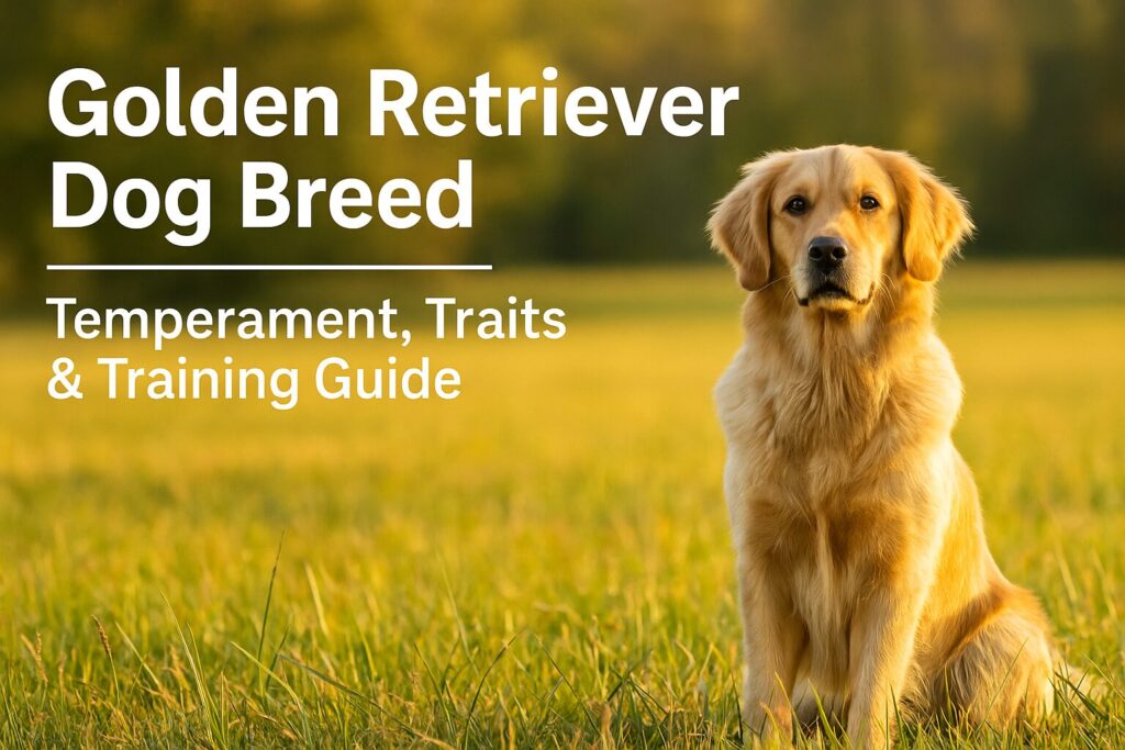 Golden Retriever dog sitting calmly in a sunlit field, showcasing the breed’s friendly and gentle temperament