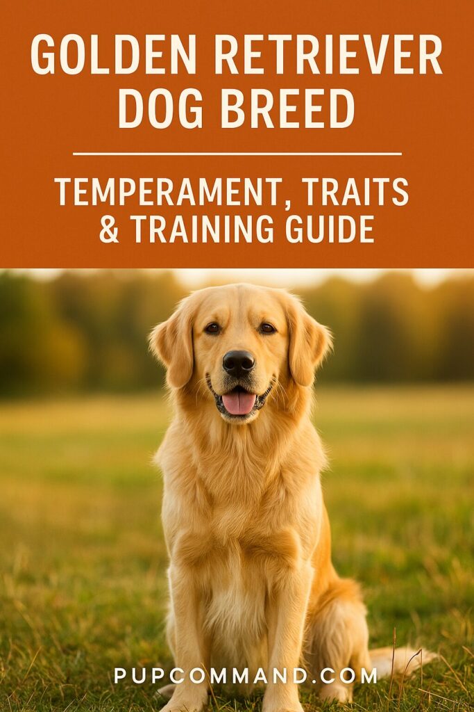 Pinterest pin showing a happy Golden Retriever sitting in a sunny field, with text overlay: Golden Retriever Dog Breed – Temperament, Traits & Training Guide