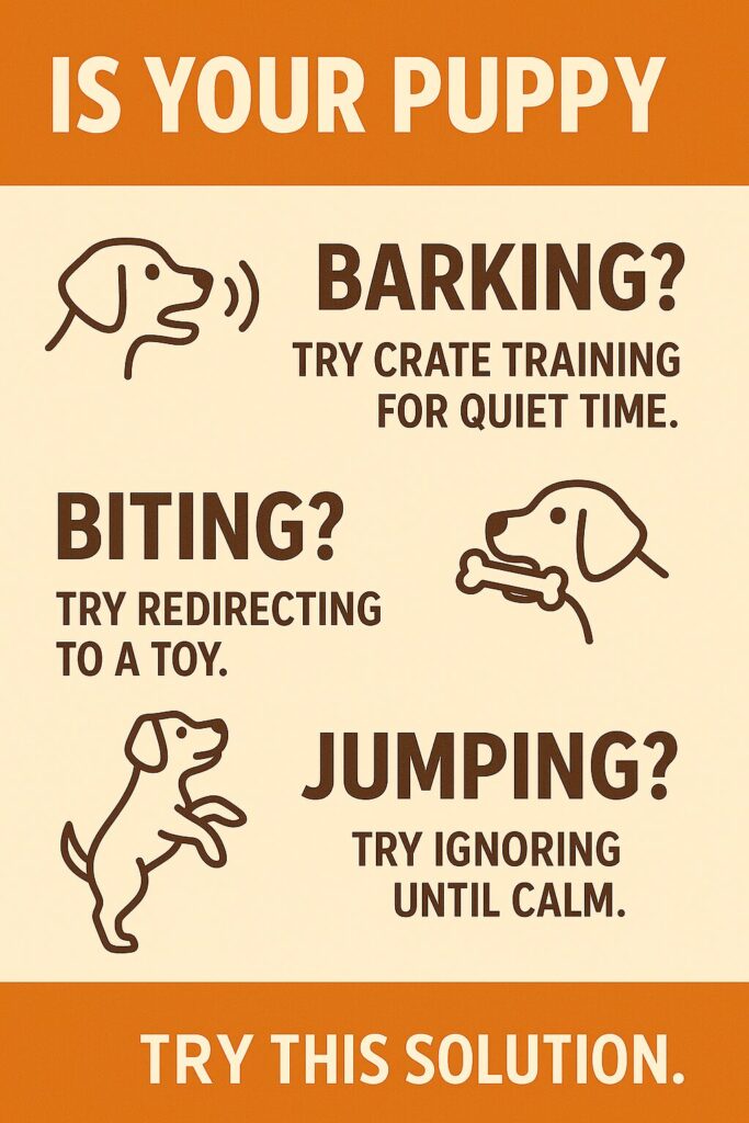Behavior problem decision graphic showing barking, biting, and jumping with solutions like crate training, redirecting to toy, and ignoring until calm.