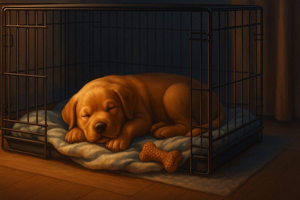 A brown puppy peacefully sleeping inside a wire crate, lit softly in warm tones, representing how to safely kennel train a puppy at night