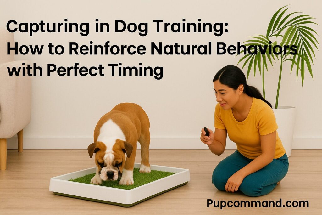 Woman clicker trains a bulldog puppy using capturing technique with indoor potty tray and PupCommand.com branding.