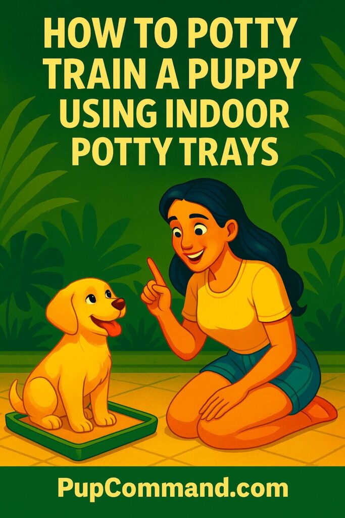 Illustration of a happy puppy sitting next to a potty tray inside a clean apartment, with a smiling dog owner pointing encouragingly—branding from PupCommand.com visible.