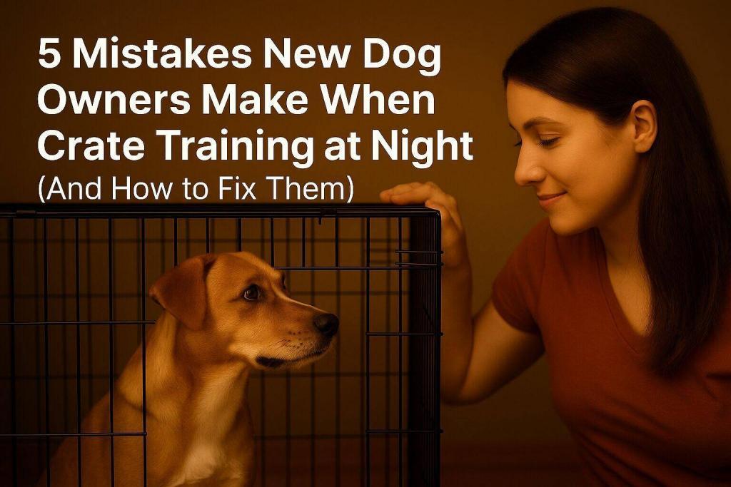 New dog owner crate training a puppy at night in a cozy, well-lit home setting.