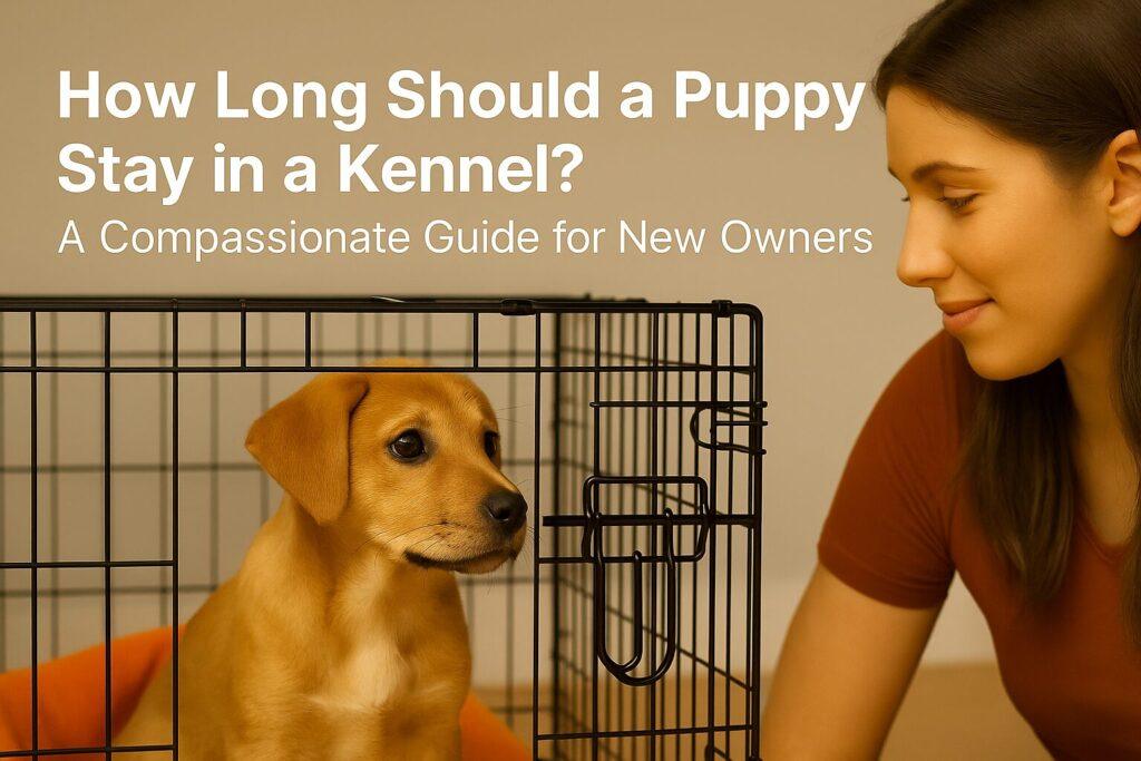 A puppy resting calmly inside a clean indoor kennel with bedding and toys, representing proper kennel duration for dogs. Used in an article about how long should a puppy stay in a kennel.