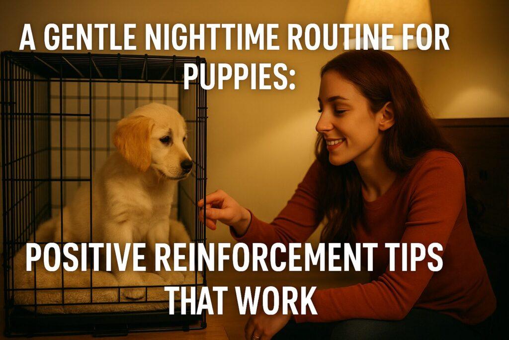 Woman gently interacting with her puppy in a nighttime crate routine, using positive reinforcement techniques and a gentle nighttime routine for puppies.