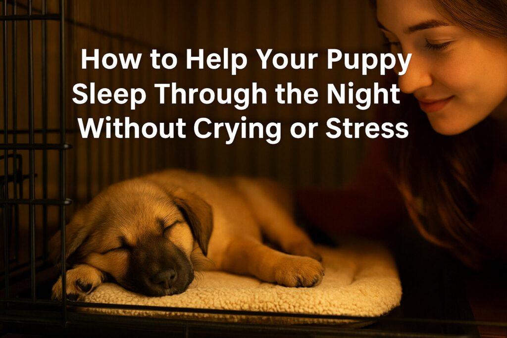 Puppy sleeping peacefully in crate with soft lighting, guided by a calm nighttime routine and positive reinforcement.