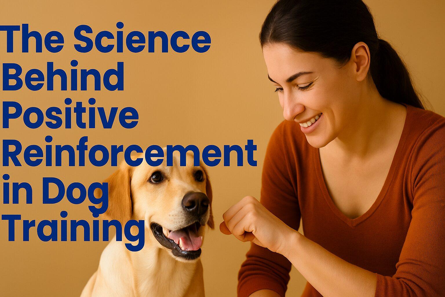 A smiling woman using positive reinforcement to train a happy Labrador Retriever, visually supporting humane dog training techniques.