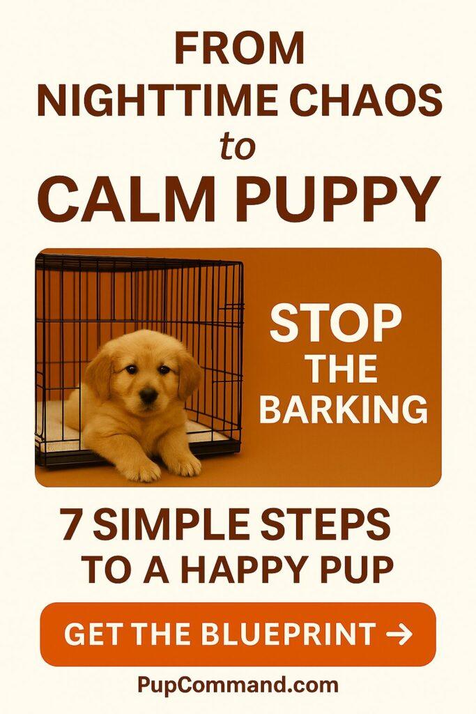 Digital pin featuring a calm puppy and the text ‘Crate Train with Love, Not Fear.’ Promotes a $7 emotional crate training guide that teaches humane, trust-building methods.