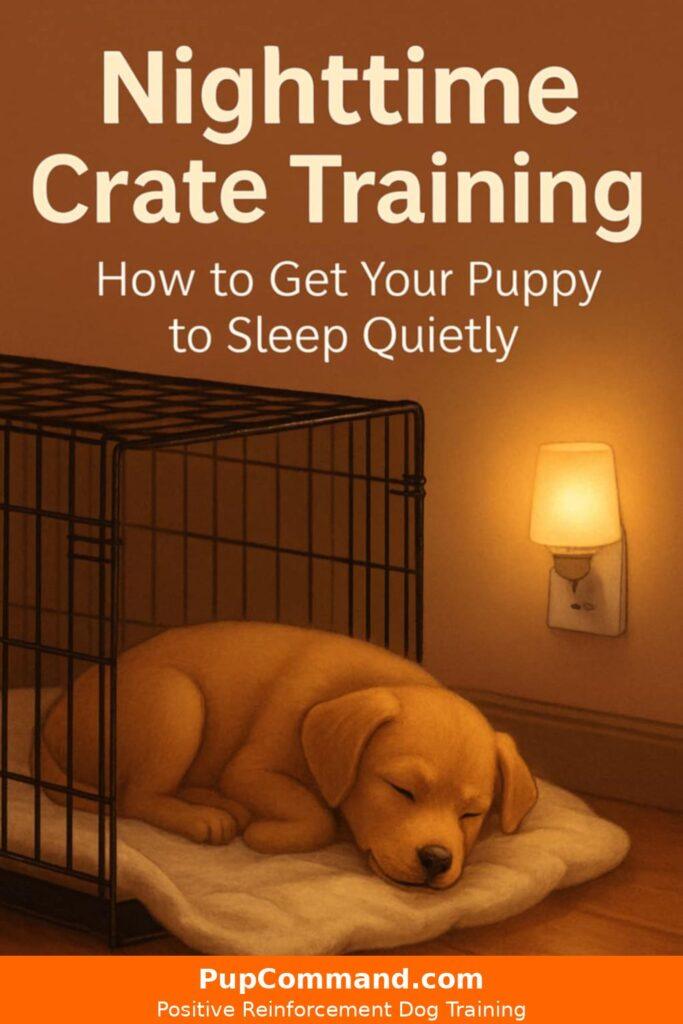 Puppy peacefully sleeping inside a crate at night, wrapped in a cozy blanketโperfect nighttime crate training example.