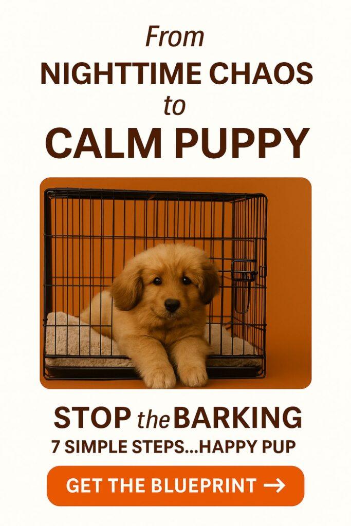 Puppy in crate with headline ‘From Nighttime Chaos to Calm Puppy.’ Promotes $7 crate training blueprint that helps reduce barking and anxiety.