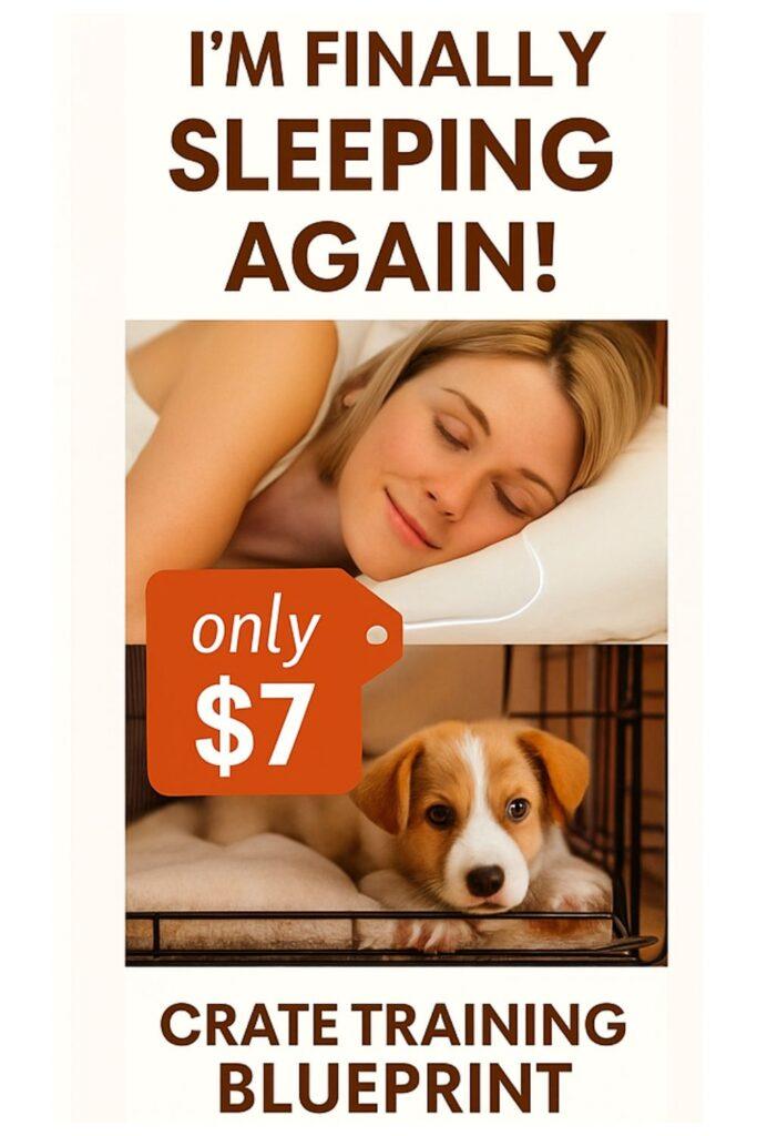 A peaceful woman sleeps beside a calm puppy in a crate. Text overlay reads “I’m Finally Sleeping Again! Only $7 Crate Training Blueprint.” Ideal pin for dog owners needing sleep and puppy behavior help.