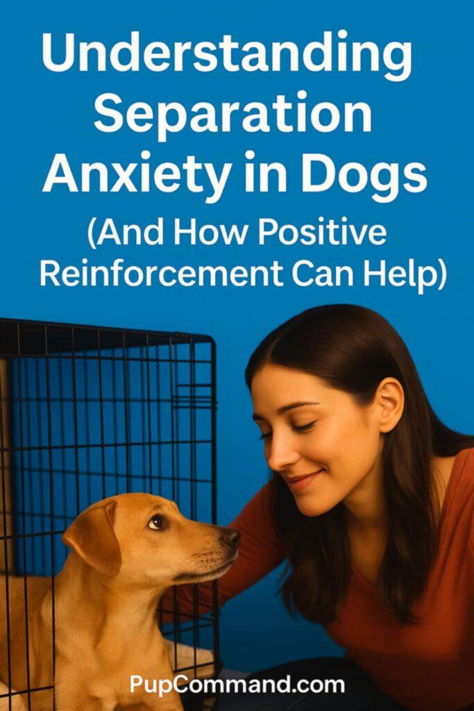 A calm woman using positive reinforcement to comfort a dog showing signs of separation anxiety.