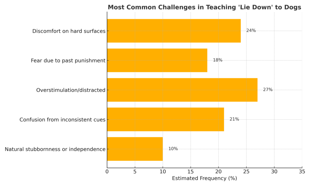 Bar chart showing common challenges when training dogs to lie down: overstimulation, discomfort on hard surfaces, fear from past punishment, inconsistent cues, and stubbornness.