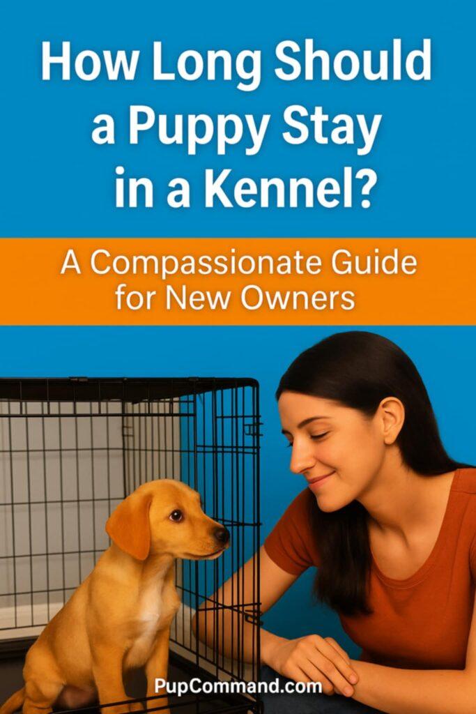 A young puppy resting calmly inside a kennel, representing safe kennel duration for new dog owners.