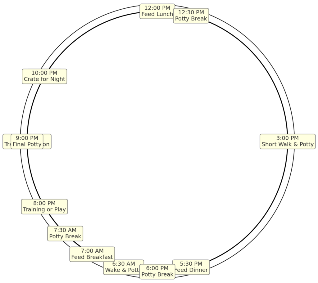Clock-style potty training schedule showing puppy routine from 6:30 AM to 10:00 PM, including feeding times, potty breaks, play sessions, and crate time.