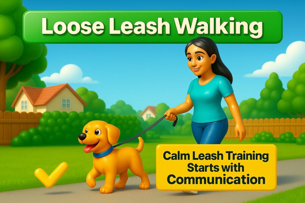 Cartoon dog walking on leash with trainer displaying loose leash walking training