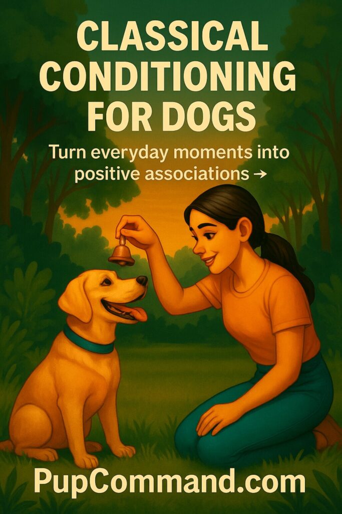 A CGI-style digital illustration shows a dog calmly reacting to a bell, with glowing emotional icons around it. Text overlay promotes “Classical Conditioning for Dogs” and the PupCommand.com website as a resource for fear-free, science-based training.