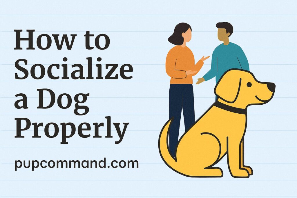 Header image titled "How to Socialize a Dog Properly" with two people and a friendly dog on a soft blue background, created for PupCommand.com.