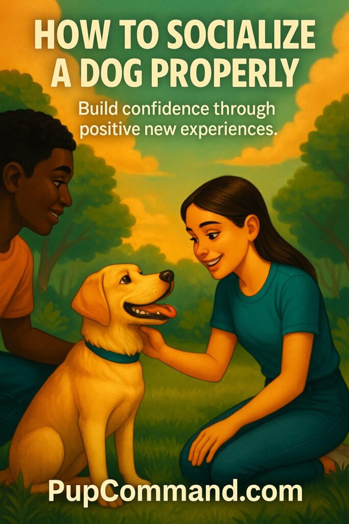 Vertical digital illustration of a woman calmly introducing her dog to a friendly person in a bright park setting. The image represents gentle, positive reinforcement-based dog socialization. Optimized for Pinterest with a visually engaging and emotionally warm style.