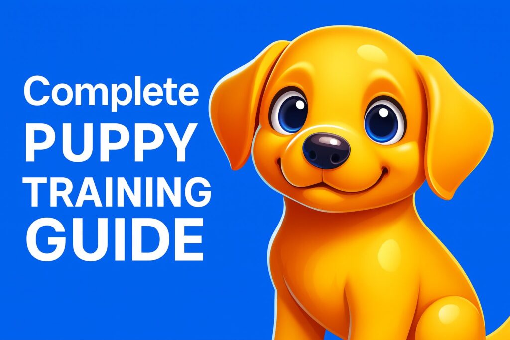 Adorable 3D CGI puppy with big eyes on a vibrant yellow background, ideal for capturing attention in a dog training article header.