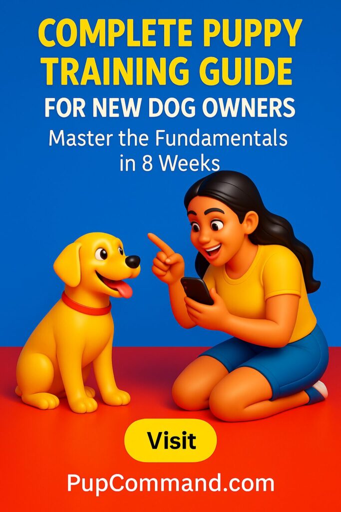 Illustrated woman training a joyful puppy using positive reinforcement, with the title “Complete Puppy Training Guide”