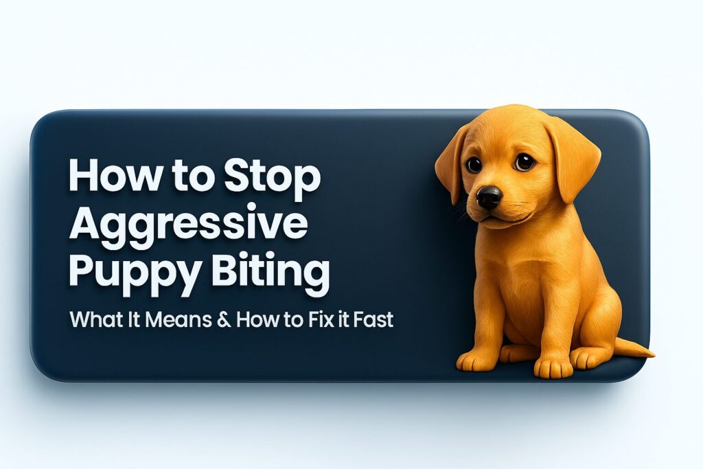 3D CGI of a puppy with text that reads “How to Stop Aggressive Puppy Biting – What It Means & How to Fix it Fast”