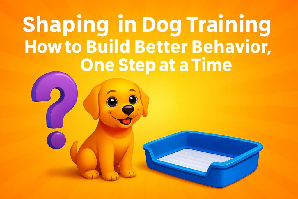 A happy cartoon puppy sitting next to a blue training pad, representing step-by-step dog training techniques using shaping methods
