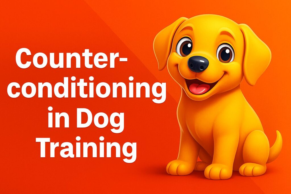 Illustration of a happy golden puppy learning through counterconditioning training, with title text "Counterconditioning in Dog Training"
