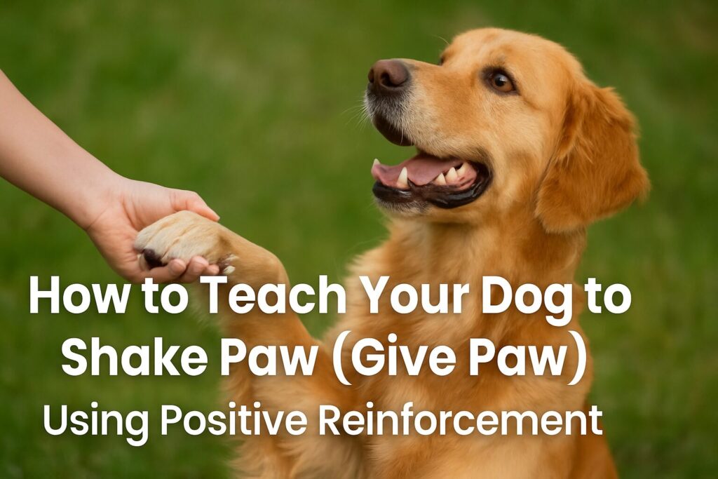 Golden retriever shaking paw with person outdoors during positive reinforcement dog training, displaying how to teach a dog to shake paw

