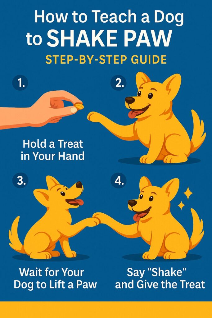 Step-by-step infographic showing how to teach a dog to shake paw using positive reinforcement with human hand interaction
