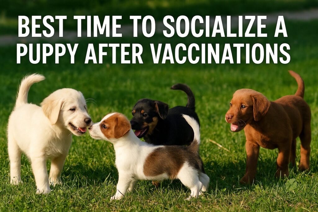 Four puppies socializing in a sunlit park with the text "Best Time to Socialize a Puppy After Vaccinations" above them