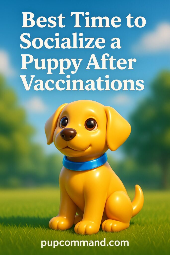 3D-style animated golden puppy sitting in a sunny park with “pupcommand.com” text at the bottom, representing the best time to socialize a puppy after vaccinations. 