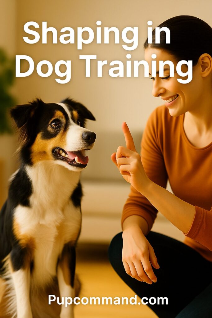 A woman uses a treat to shape a dog’s behavior during a shaping in dog training session