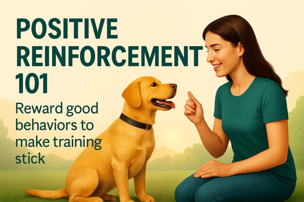 A woman uses a treat to train a sitting golden retriever with positive reinforcement in a vibrant CGI-style field scene.