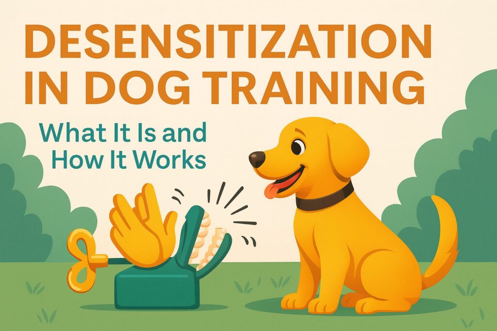 3D CGI illustration showing a calm dog and human in a controlled environment, used as a visual representation for desensitization in dog training. The image conveys gradual exposure to triggers in a safe, stress-free setting.