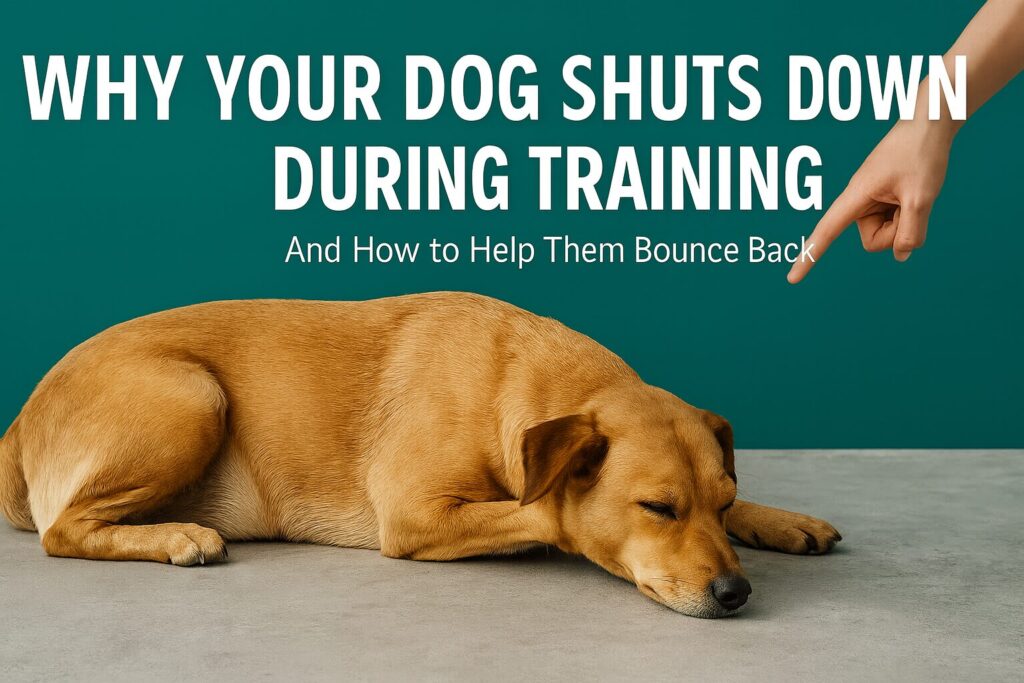 3D CGI image of a sad, shiny-furred animated dog laying on the floor under a soft light, with a worried expression, surrounded by colorful emotional icons. The background features bright, contrasting primary colors and a hopeful tone.